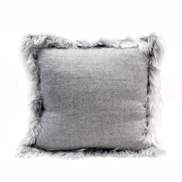 Alpaca Throw Pillow Fur Trimmed Glacier Grey