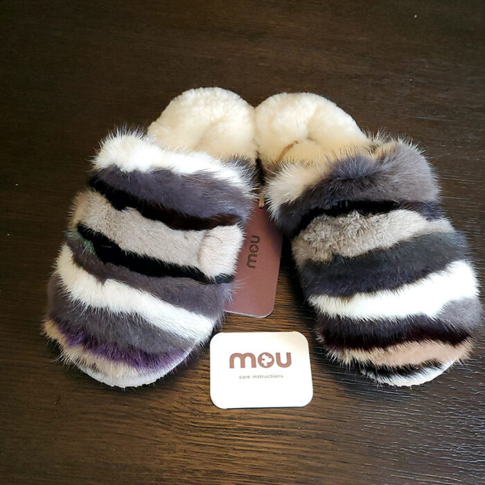 MOU Minky Fur Striped Slippers Gray Multi Size 6 - Image 2