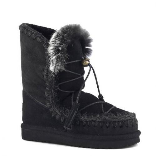 MOU Dream Catcher Boot Lace Up with Rabbit Fur in Black